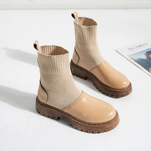 

2019 autumn winter british style boots round toe patchwork pu leather female flat socks boots retro stretch short, Black