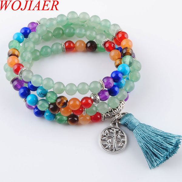 

wojiaer reiki natural 7 chakra multi-layer charms bracelets for women aventurine mala yoga beads meditation healing tassel dk3209, Black