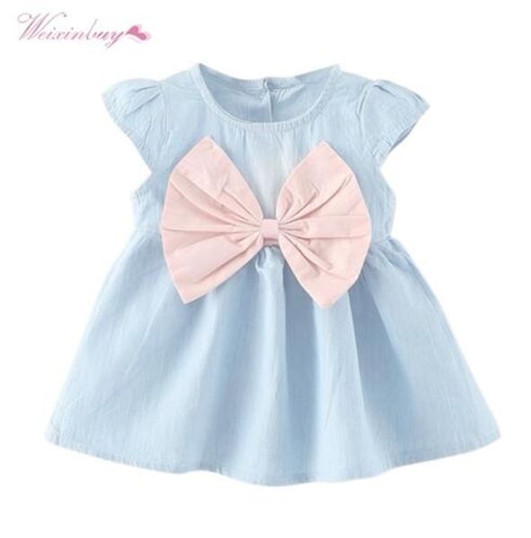 

weixinbuy baby girls bow-knot design mini dress children baby summer style fashion short sleeve party dress kids clothes, Blue
