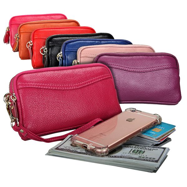 

women genuine leather long clutch wallets wristlets double zipper purses men cowhide card wallet banknote pouches phone pocket organizer bag, Red;black