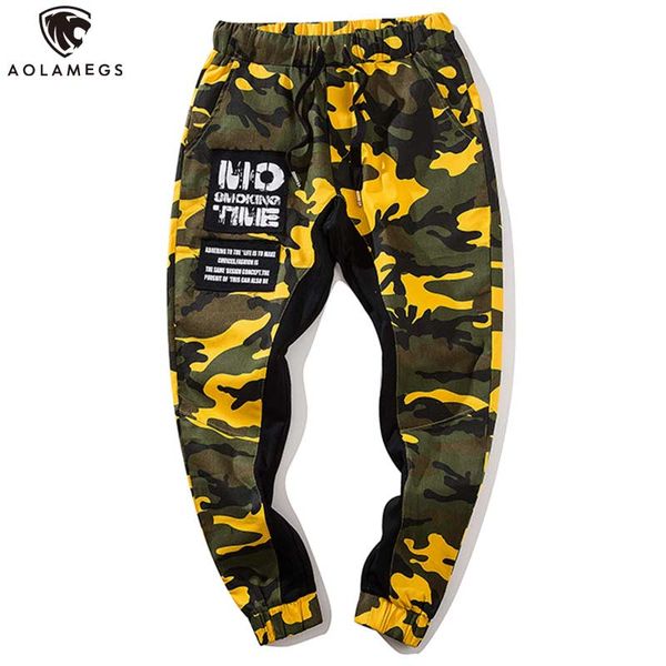 

aolamegs pants men color block pants male trousers cargo elastic waist fashion high steet joggers drawstring sweatpants, Black