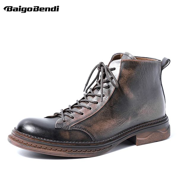 

new lace up round toe boots men full grain leather work and safety ankle boots retro shoes winter trendy man us size, Black