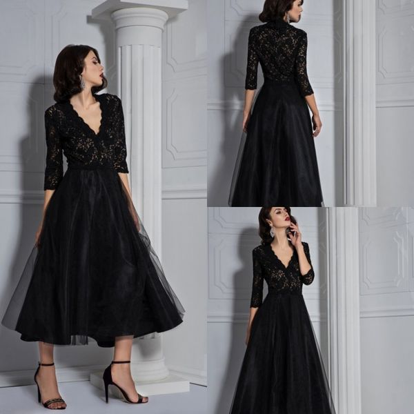 

bien savvy balck elegant evening dresses v neck a line lace 3/4 long sleeve tea length prom gowns plus size party dress, Black;red