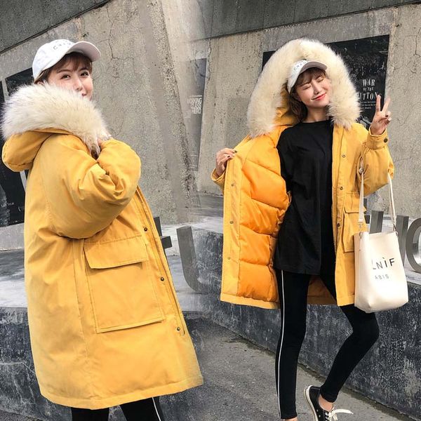 

peach skin down cotton coat 2019 new casual warm hooded big fur collar women jacket winter loose large size cotton coat ko184, Tan;black