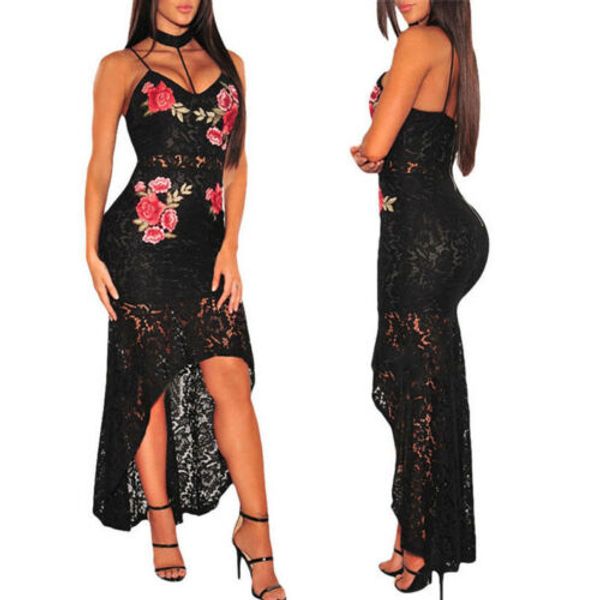 

2019 womens bodycon plunge slim hollow out black rose floral lace strappy ladies party evening midi dress size s-xl v-neck, Black;gray