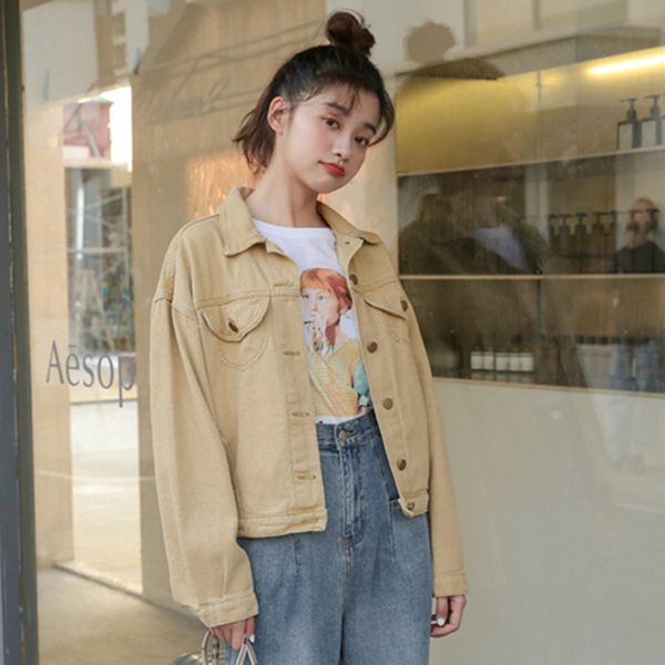 

vintage women khaki denim jacket 2020 spring autumn femme white jeans jacket korean style short jean jackets and coats outerwear, Black;brown