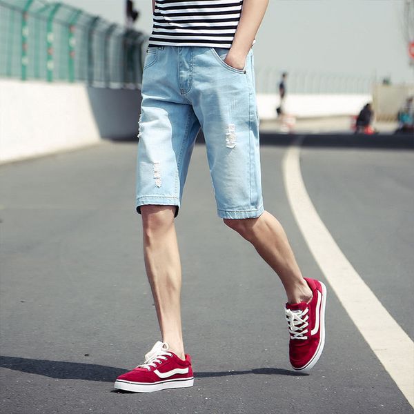 

2019 new fashion ripped jeans mens leisure summer cotton breathable tearing denim shorts male straight loose hole shorts size 38, Blue