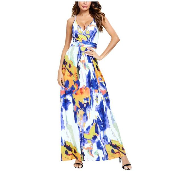 

tie-dye printed women dress v-neck sleeveless casual party beach bohemian long dress vestidos de verano dresses for women, Black;gray