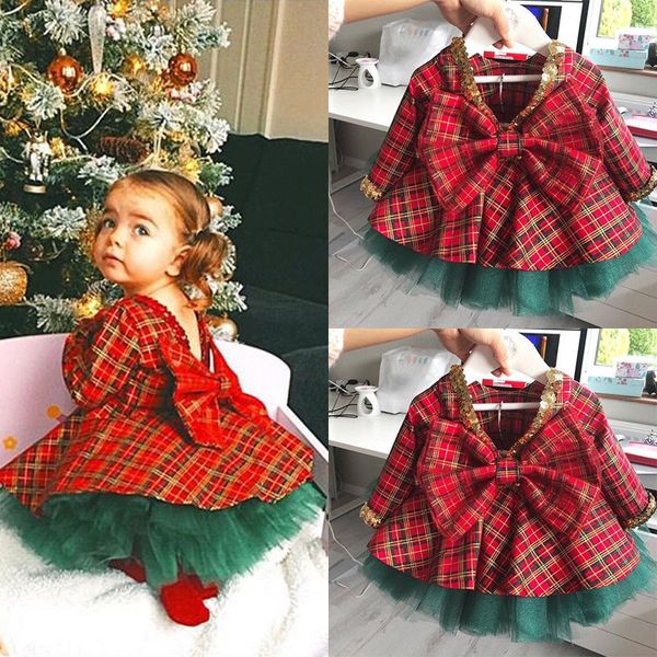 

2018 new brand christmas kids baby girls party plaid dress+lace tutu skirts outfits set clothes, White