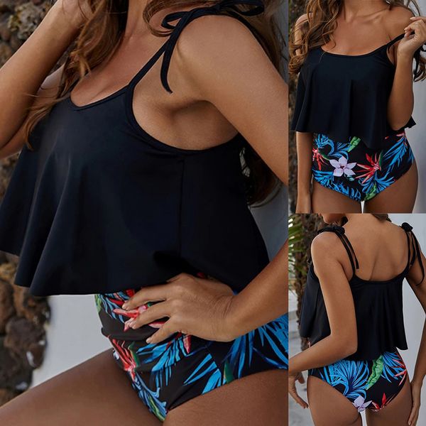 

2020 two pieces swimsuits women ruffled bikini set floral printing high waiste tankinis beach bottom bikinis summer plus size