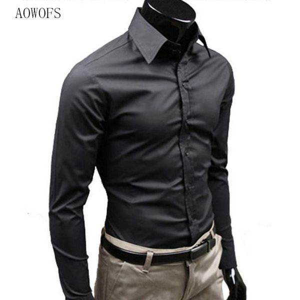

men's stylish casual solid color slim fit dress shirt long sleeve business top, White;black