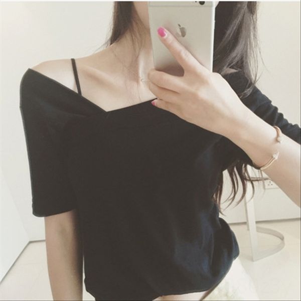 

summer personality irregular v-neck versatile short-sleeved women's summer slim t-shirt personality irregular v-neck versatile, White