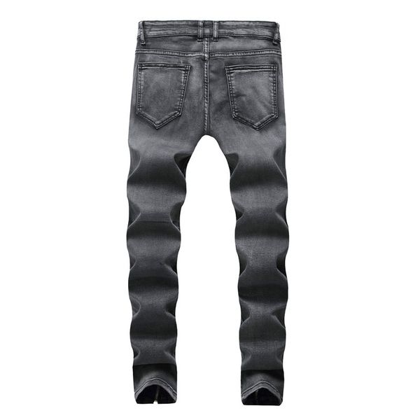 

2019 new fashion broken hole wrinkle jeans men zipper style casual elastic jeans men casual men's straight classic black, Blue