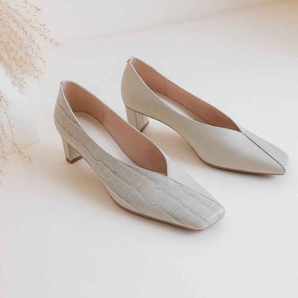 

vintage mixed colors print genuine leather shoes slip on high heels square toe women simple style fashion pumps, Black