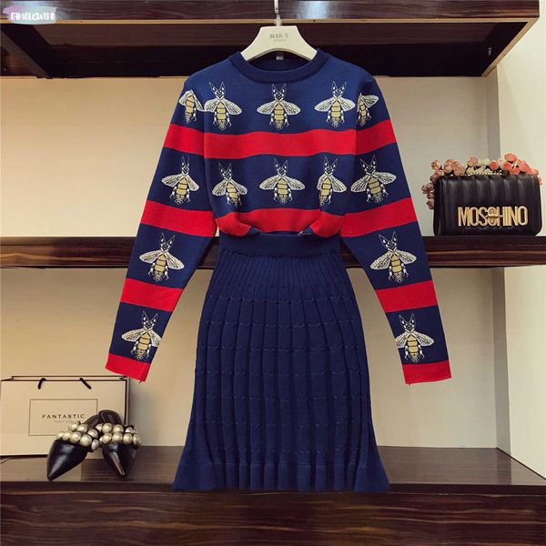 

bees hit striped colored women sweater knitted skirt suits ol autumn winter vintage fashion clothing sets, White