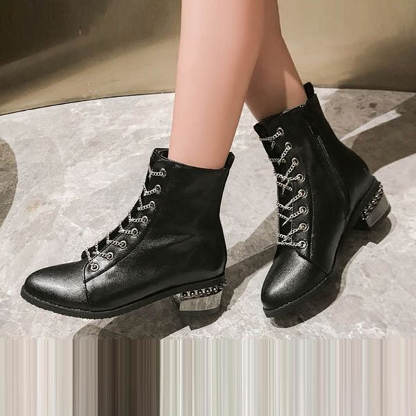 

solid lace-up square heel boots women mid-calf pointed toe pu martins are female winter cossacks motorcycle boots botki damskie, Black