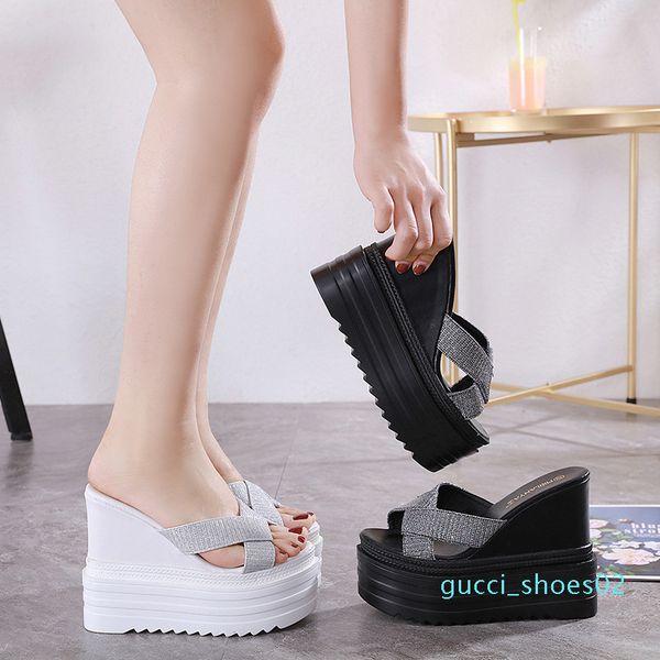 

on a wedge women's genuine leather shoes slippers summer heeled mules platform peep toe slides low heels soft fabric super high g02, Black