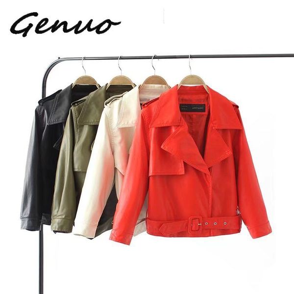 

genuo new autumn pu motorcycle faux soft leather women jacket coat turn-down collar long sleeve epaule female loose short jacket, Black