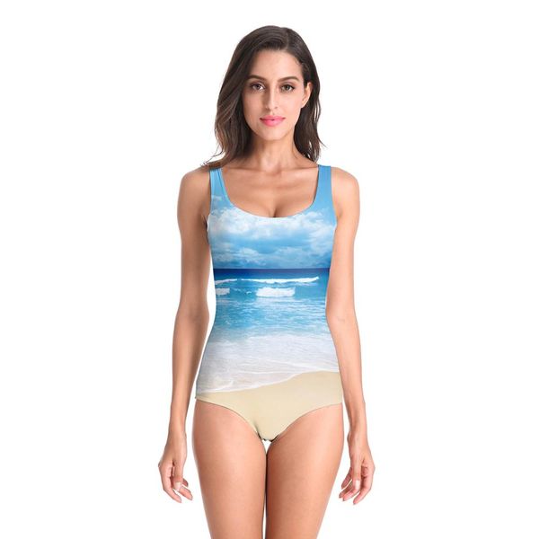 

new sleeveless hawaiian beach vacation 3d beach style suit printed girl swimsuit one piece swimwear women cosplay funny, Black;white