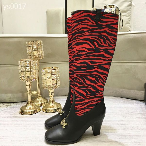 

autumn and winter european station personality boots high-heeled women's boots side zipper colorblock stripe matching with ms. knight b, Black