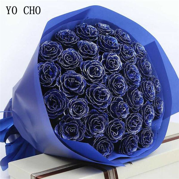 

yo cho 30pcs crystal glitter rose flower head artificial silk blue rose flower head 1 box diy home wedding decor valentines gift