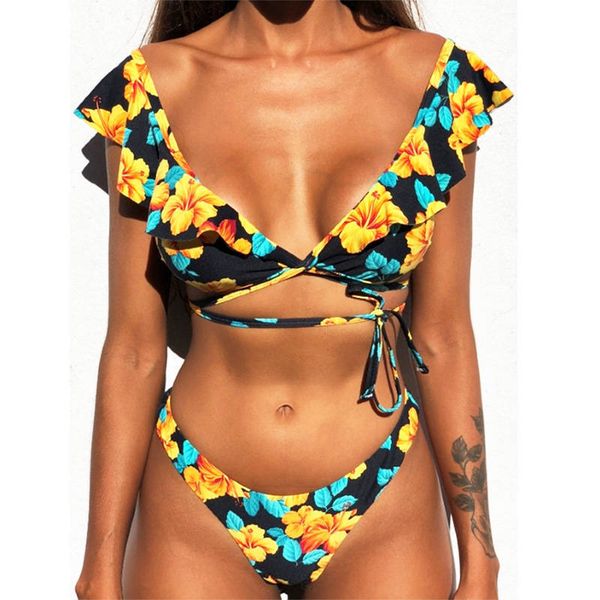 

print ruffled bikini 2020 mujer swimwear women swimsuit brazilian push up bikini set thong biquinis floral lace-up bathing