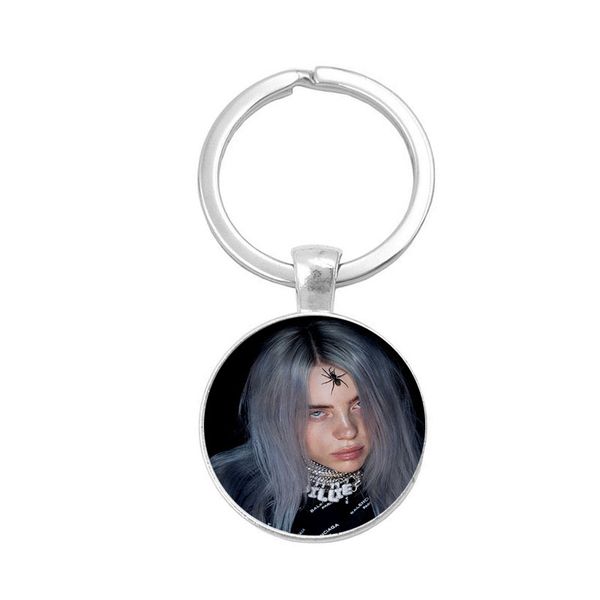 

2019 hip hop singer billie eilish keychain harajuku poster glass cabochon key ring bag car key chain fans gift, Silver