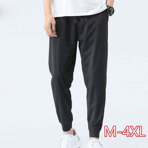 

men quick-drying bottom pants summer casual men new loose casual trousers hollow drawstring elastic waist mesh harem pants, Black