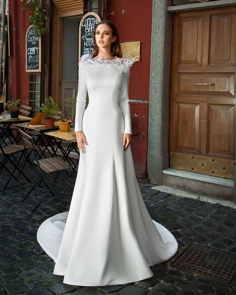 Abito da sposa modesto country musulmano a maniche lunghe in raso bianco a sirena 2019 Nuovi abiti da sposa Abito da sposa per gli invitati al matrimonio