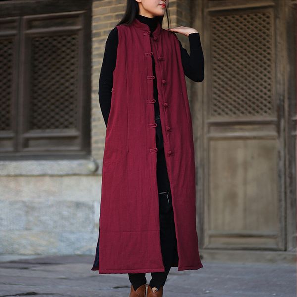 

johnature женщины vintage длинный жилет пальто 2017 осень зима новый стенд кнопка рукавов хлопок сыпучие женщины жилеты, Black;white