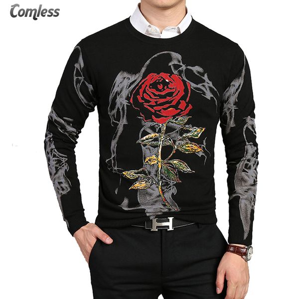 

2019 new fashion autumn sweater men flower dragon printing pattern slim fit mens pullover knitted jumper sweaters plus size 4xl, White;black
