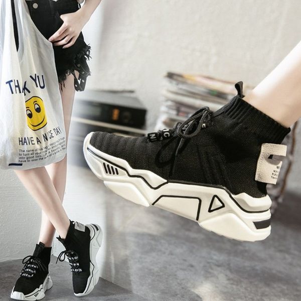 

high platform training sneakers women lace-up stretch fabric girls female outdoor black white sneakers running shoes