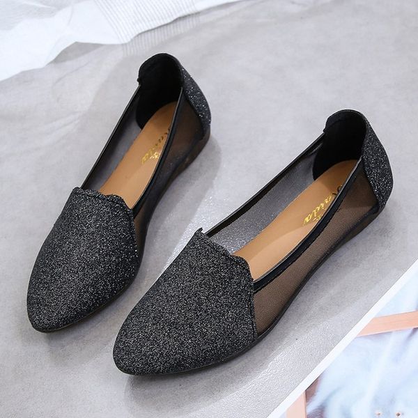 

ladies lightweight shiny glitter ballet flats slip on breathable mesh comfort casual shallow loafers shoes pregnant woman, Black
