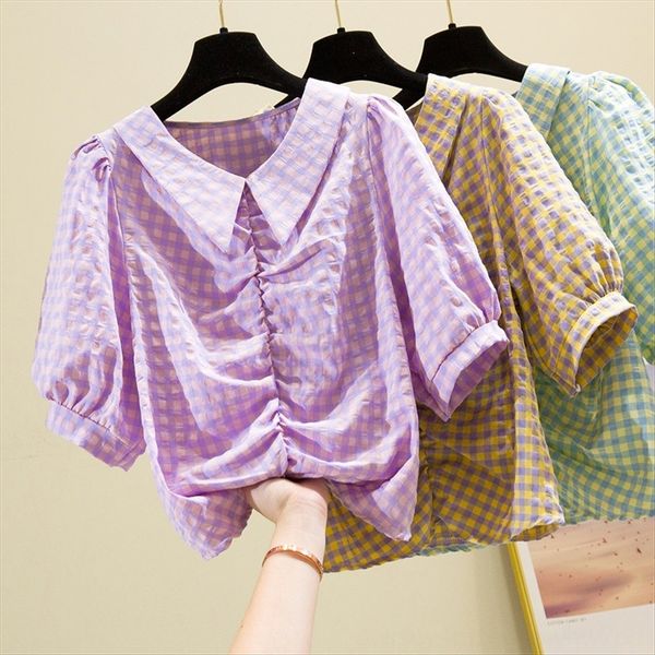 

2020 plaid doll collar scheming design sense niche foreign shirt style bubble sleeve shirt female, White
