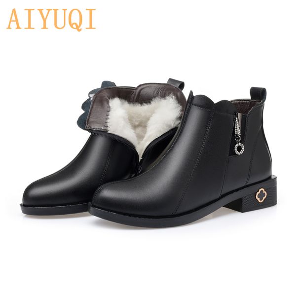 

aiyuqi women boots cowhide leather snow boots wool warm winter big size 41 42 43 high heels shoes women, Black