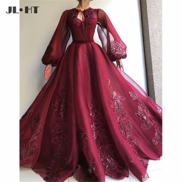 

muslim arabic burgundy evening dresses long sleeve appliques prom gown party dress o neck tulle evening dress for women, White;black