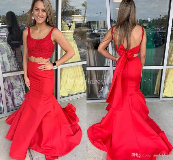 Modern Seksi Kırmızı Zarif Dantel İki Parça Denizkızı Prom Elbiseler Arka Çıkmaz Süpürme Tren Özel OCN Elbise Resmi Partisi Akşam Elbise Vestido