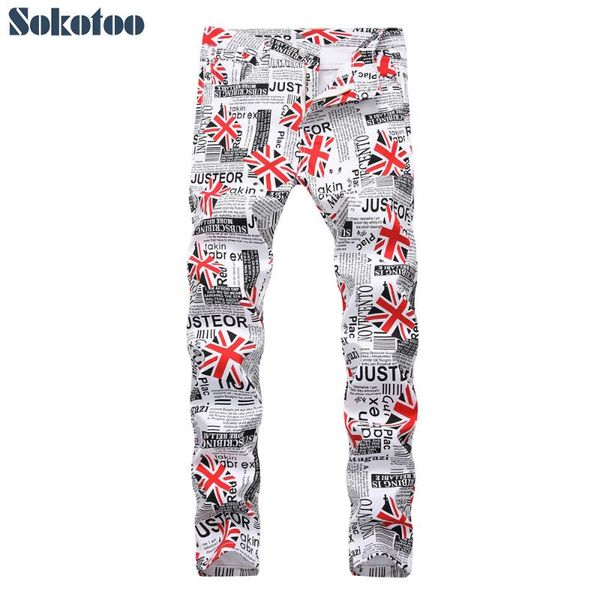 

sokotoo men's english flag pattern white printed jeans fashion slim fit paper letters colored painted pants, Blue