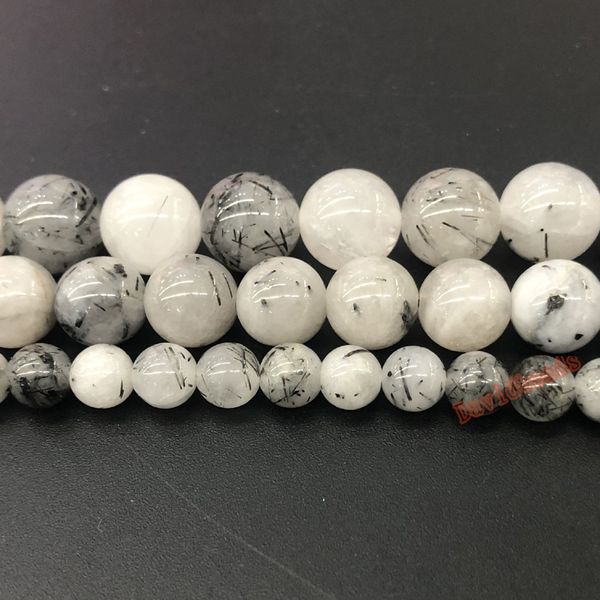 

natural smooth black rutilated quartz stone round loose beads 15"/strand for jewelry making