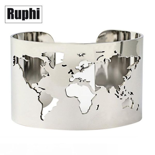 

world map cut-out cuff bangle bracelet travel peace jewelry stainless steel 40mm wide engraving fine polished circle angle mx190727, Black