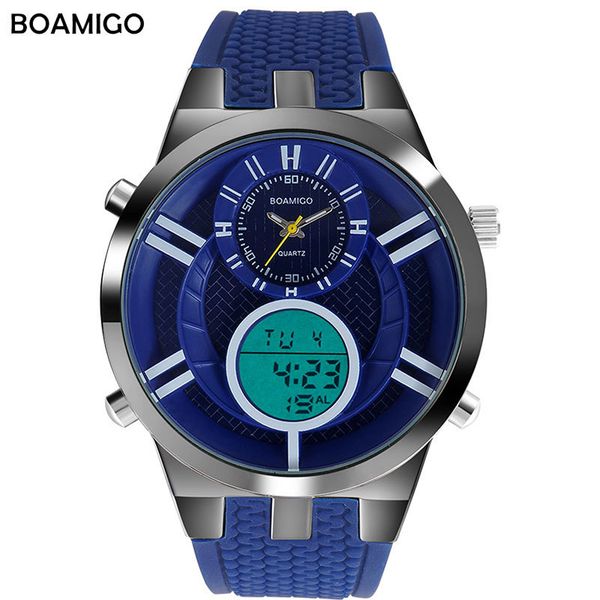 

boamigo sport mens watches quartz dual display waterproof fitness watch men fashion blue rubber wristwatch new arrival 2019, Slivery;brown