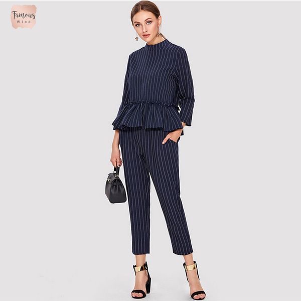 

fit striped elegant and linen pants office ladies ruffle hem round neck regular navy women summer fashion twopiece, Gray