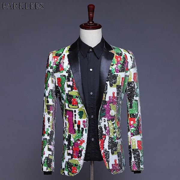 

mens stylish geometric colorful sequin tuxedo blazer wedding party prom glitter suit jacket male dj club singer stage costumes, White;black