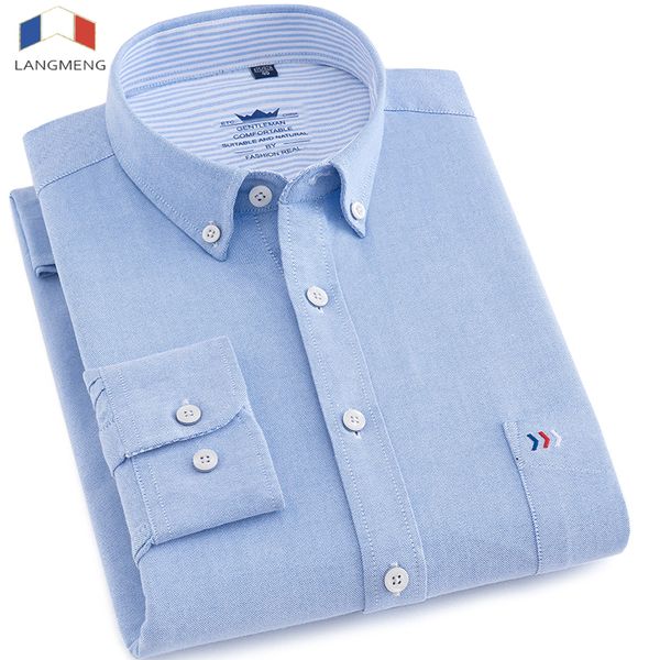 

langmeng 2018 new arrival long sleeve shirt men pure cotton social oxford mens shirt dress male striped casual shirts, White;black