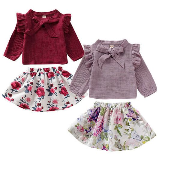 

toddler baby girl clothes 2019 autumn cotton&linen solid t-shirt +flower skirts 2pcs outfits clothes