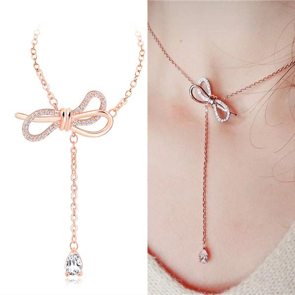 

korean fashion water drop necklaces & pendants rose gold color bowknot short necklace statement choker necklace women bijoux, Silver