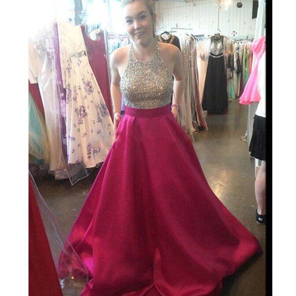 

sparking formal prom dresses halter floor length a line satin evening dress for party with pockets, Black