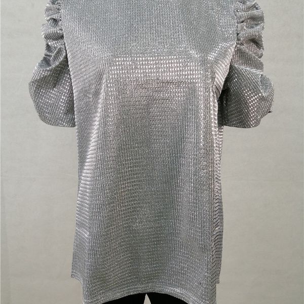 

wish to europe and the united states cross-border style ladies glitter round collar short sleeve t-shirt coat, White