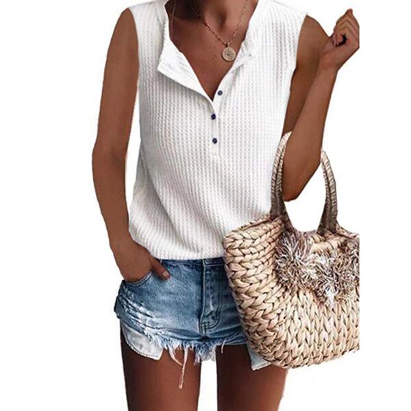 

summer fashion waffle knit tunic blouse casual ladies solid tee female women's sleeveless shirt blusas tank vest pullover, White