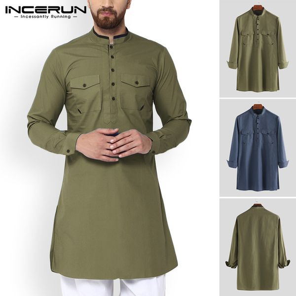 

incerun men baggy muslim clothing arabic solid color long shirt spring casual long sleeve army green stand collar robe 5xl, White;black